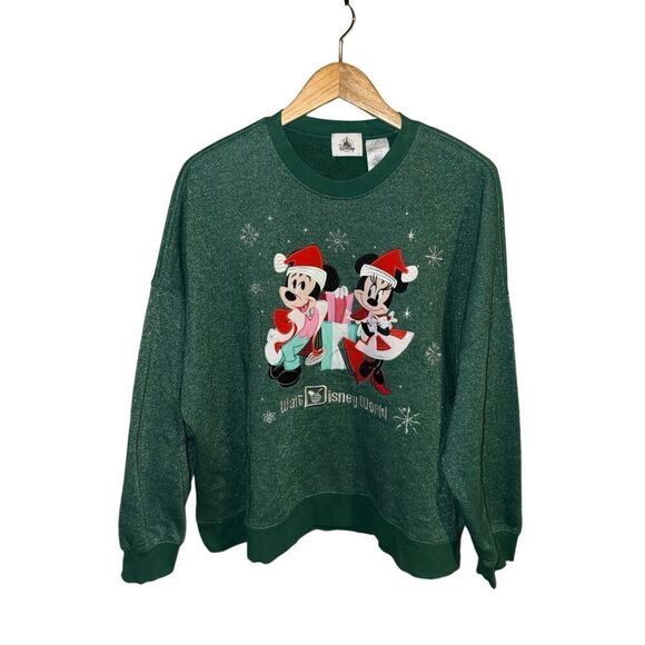 Walt Disney World Mickey & Minnie Green Christmas Holiday Embroidered Sweatshirt - Picture 1 of 8